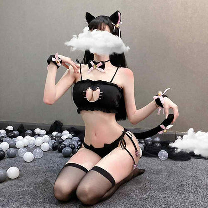 Cutecore catgirl cosplay outfit with matching underpants, crop top, neko ears, and bell choker
