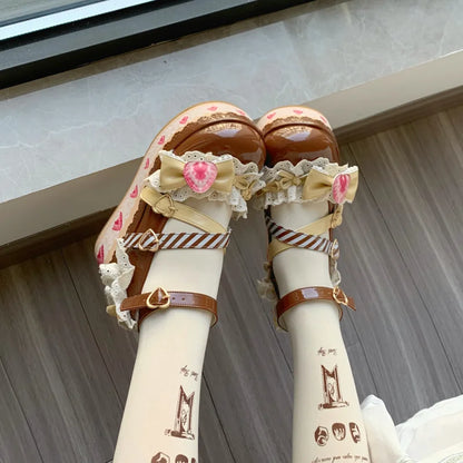 Cutecore Chocolate Strawberry Platform Heels with lacy trim and kawaii strawberry details, ideal for soft girl looks