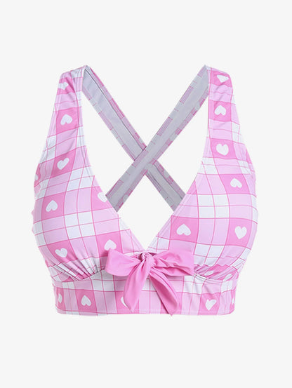 Cutecore pastel pink curvy bikini set with plaid pattern and kawaii ribbon, DDLG ABDL outfit