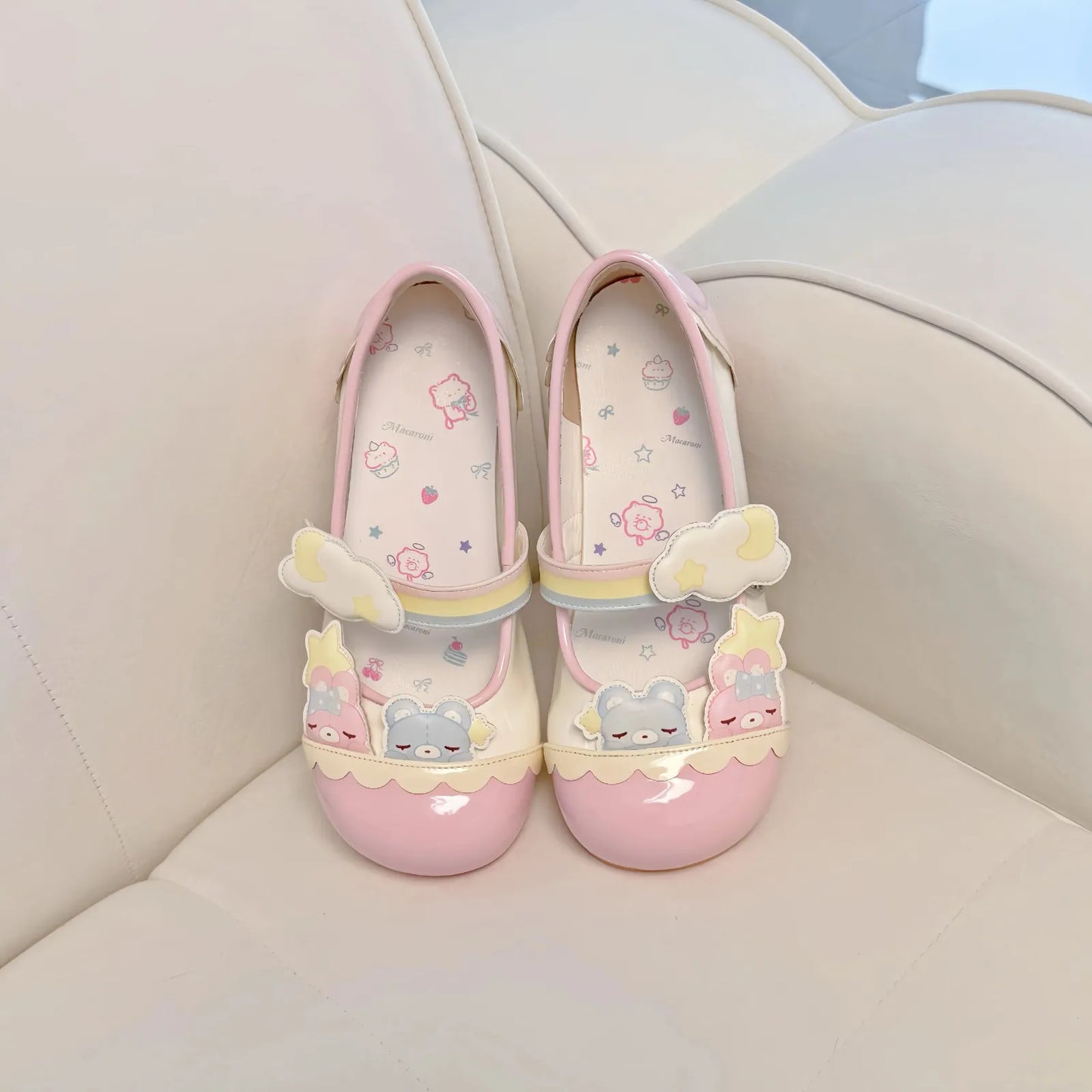 Cutecore pastel Teddy Lolita flats featuring teddy bears, stars, clouds, and dreamy kawaii aesthetics