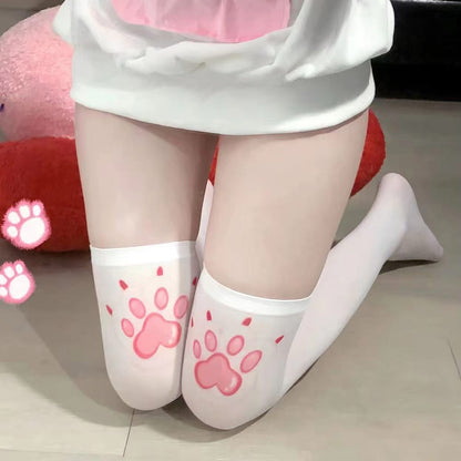 Cutecore Paw Pink thigh-high stockings with soft pastel cartoon paws for little aesthetic DDLG style