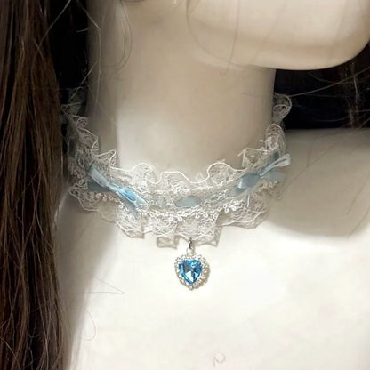 Cutecore Soft Babydoll Lacy Choker, flirty ribbon necklace, DDLG/DDLGirl accessory with mini heart