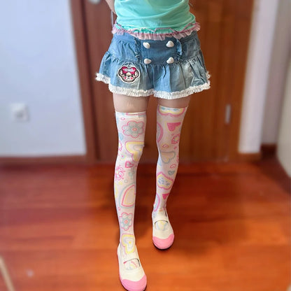 Cutecore tricolor candy heart stockings featuring pastel hearts, flowers, and playful soft vibes