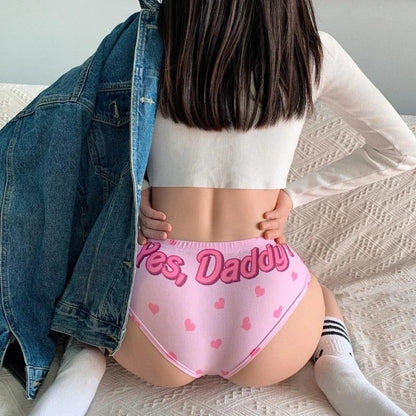 cutecore soft pink panties with Yes Daddy print and heart accents, stretchy and comfy for ddlg and littlespace play