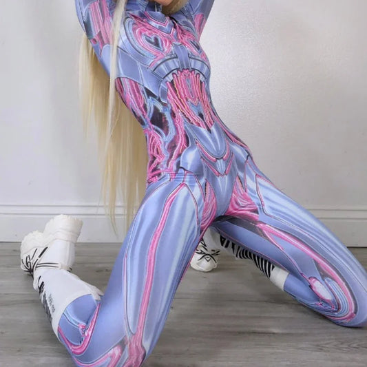 Sexy cybercore jumpsuit with neon machine-inspired prints for kawaii baddie vibes