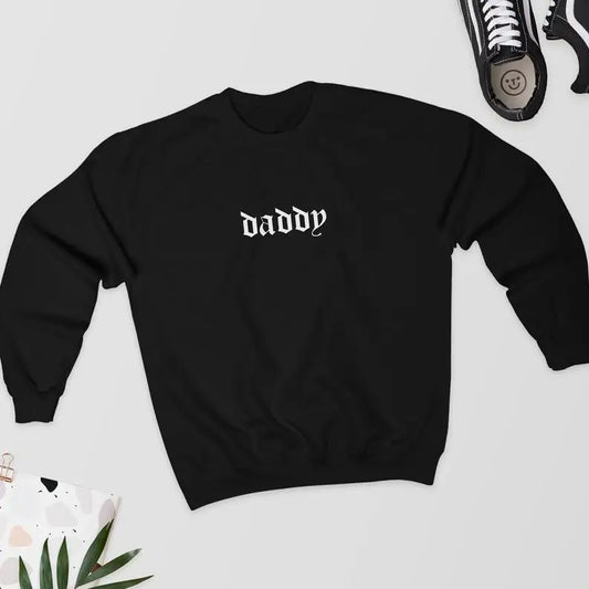 Black Daddy Energy sweater with bold white text, cozy streetwear gift for him