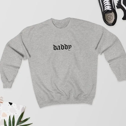 Grey Daddy Energy sweater with bold classic font print, cozy gift for him