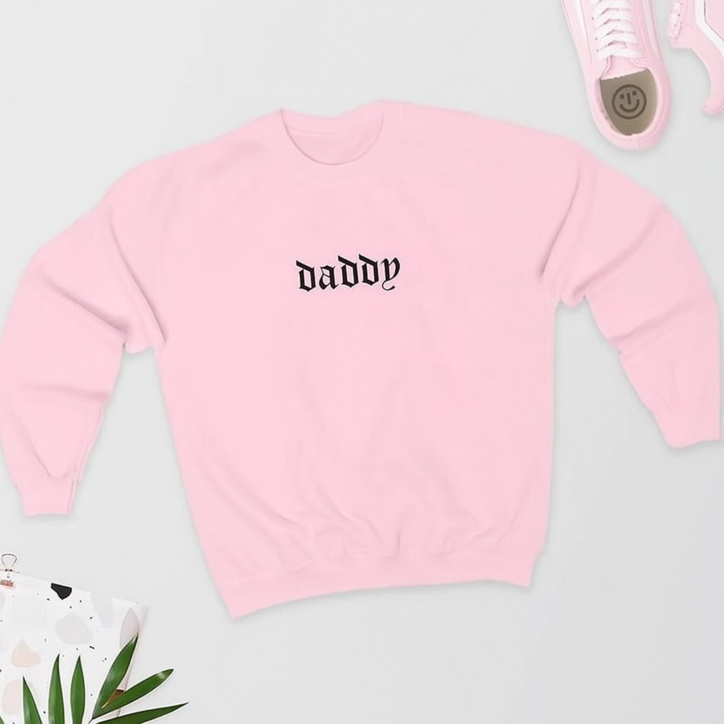 Pink Daddy Energy sweater with bold classic font print, cozy comfort fit