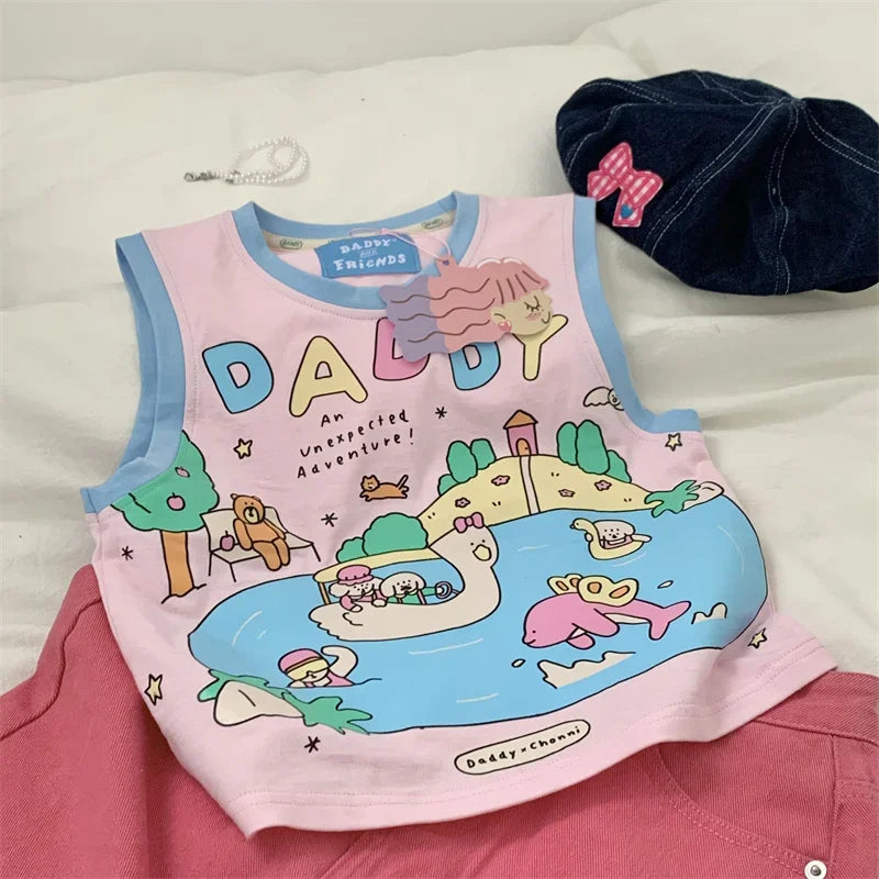 Pink and blue contrast trim detail on Daddy's Favorite Kawaii Tank Top for DDLG ABDL cutecore kawaii soft girl Y2K babygirl outfits