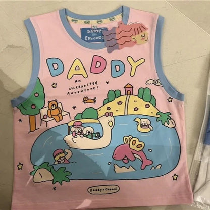 Closeup of whimsical cartoon print on Daddy's Favorite Kawaii Tank Top with pastel DDLG cutecore Y2K details and contrast trim