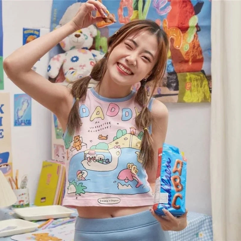 Flat lay of Daddy's Favorite Kawaii Tank Top showing full pastel cartoon DDLG ABDL kawaii crop design on white background