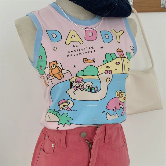 Daddy’s Favorite cropped tank top with pastel kawaii cartoon print, lightweight and comfy for soft little outfits.