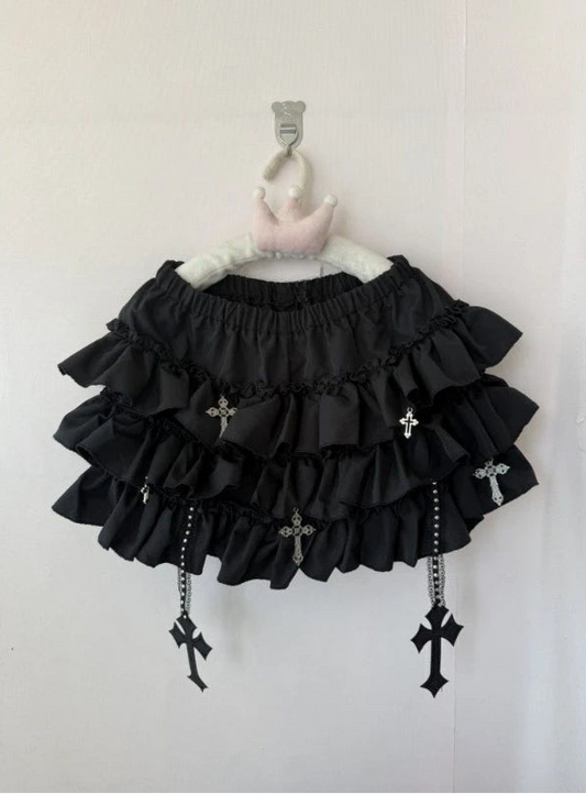 Black gothic lolita skirt with 3D cross appliqués, frilly layers, and elastic waistband for DDLG ABDL dark fashion