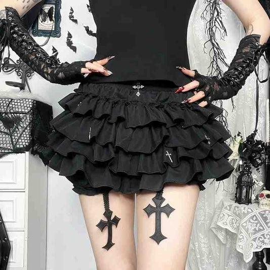 Dark gothic lolita skirt with layered frills and 3D cross appliqués in midnight black