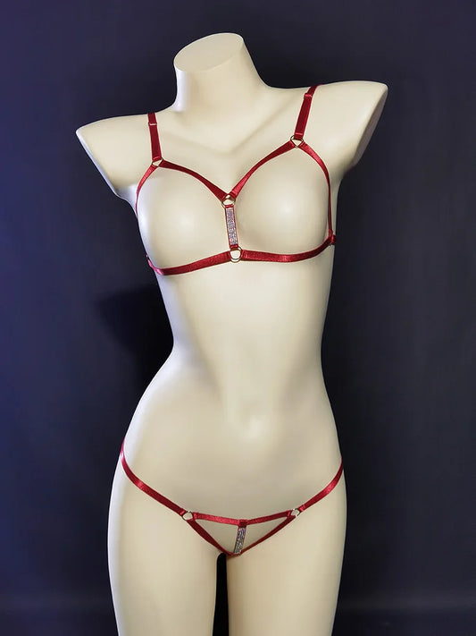 Dark red baddie DDLG strap harness set sexy thin top and thong bottom minimalistic luxe style
