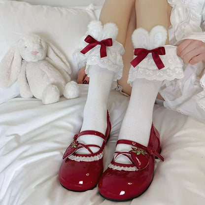 Sexy dark red Bunny Ear Lolita socks, perfect for playful DDLG moments and cutecore cosplay