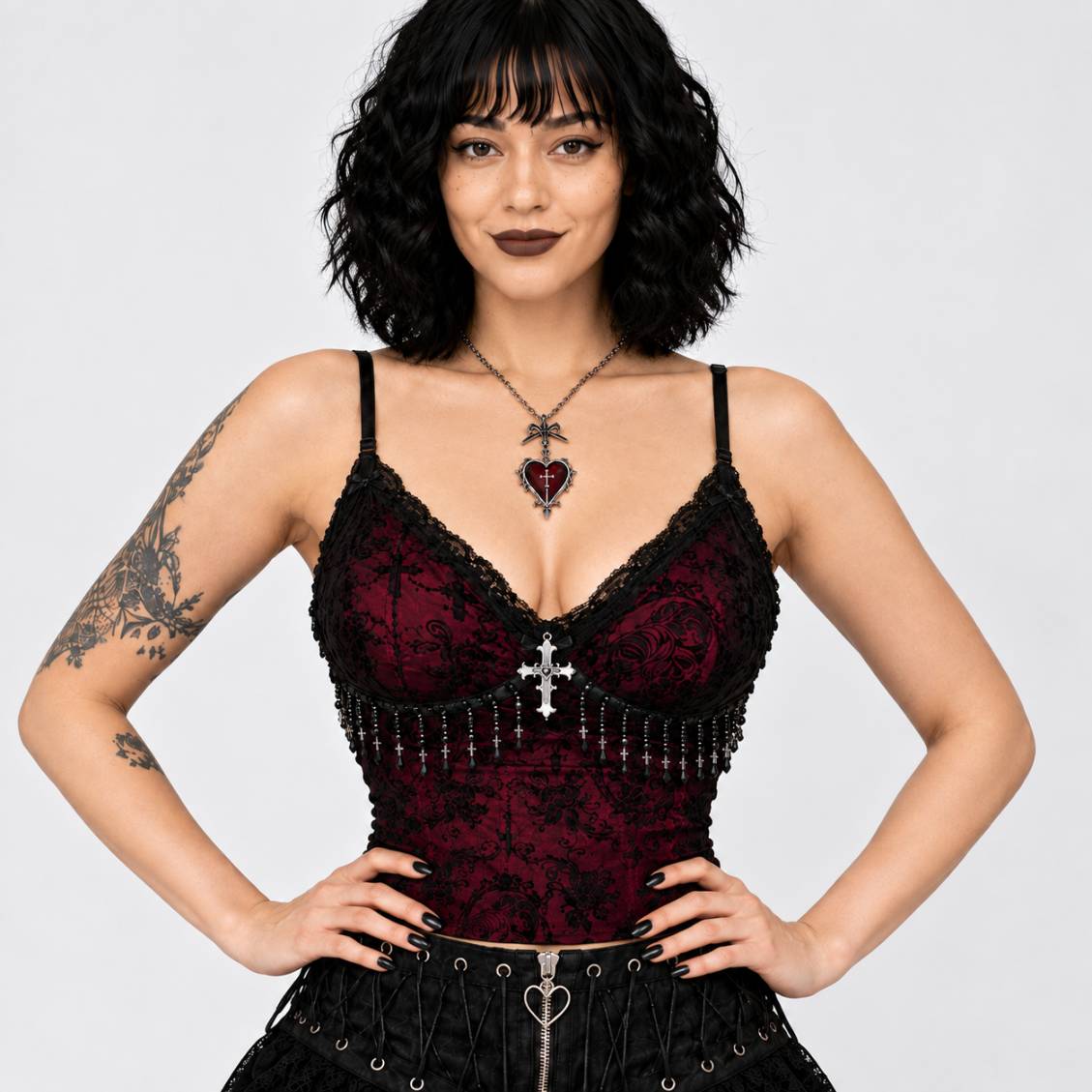 Model wearing Dark Rose gothic cami top, front view, DDLGirl dark romance style