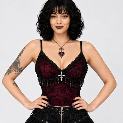 Model wearing Dark Rose gothic cami top, front view, DDLGirl dark romance style