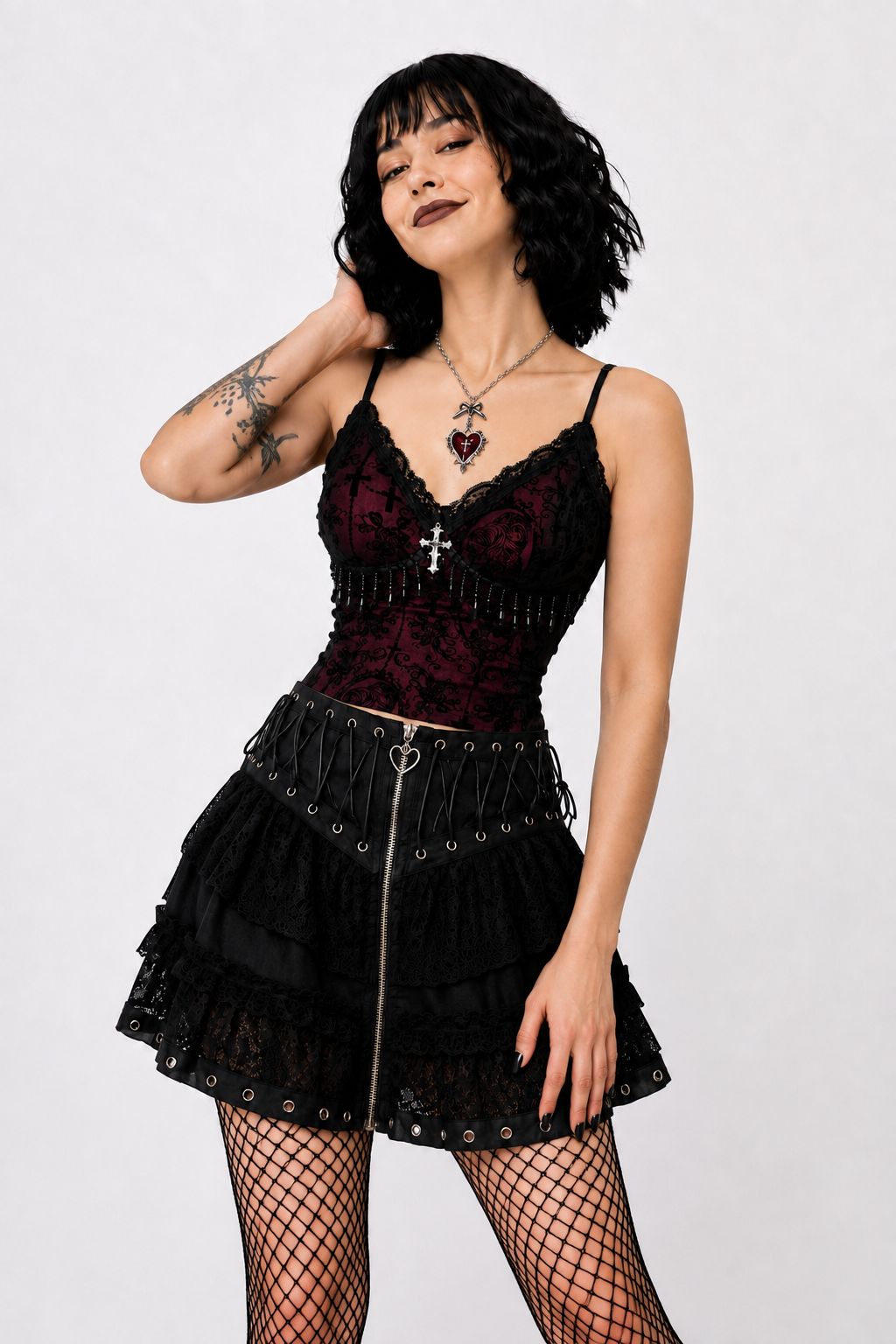 Model wearing dark rose gothic cami top, DDLGirl dark romance style