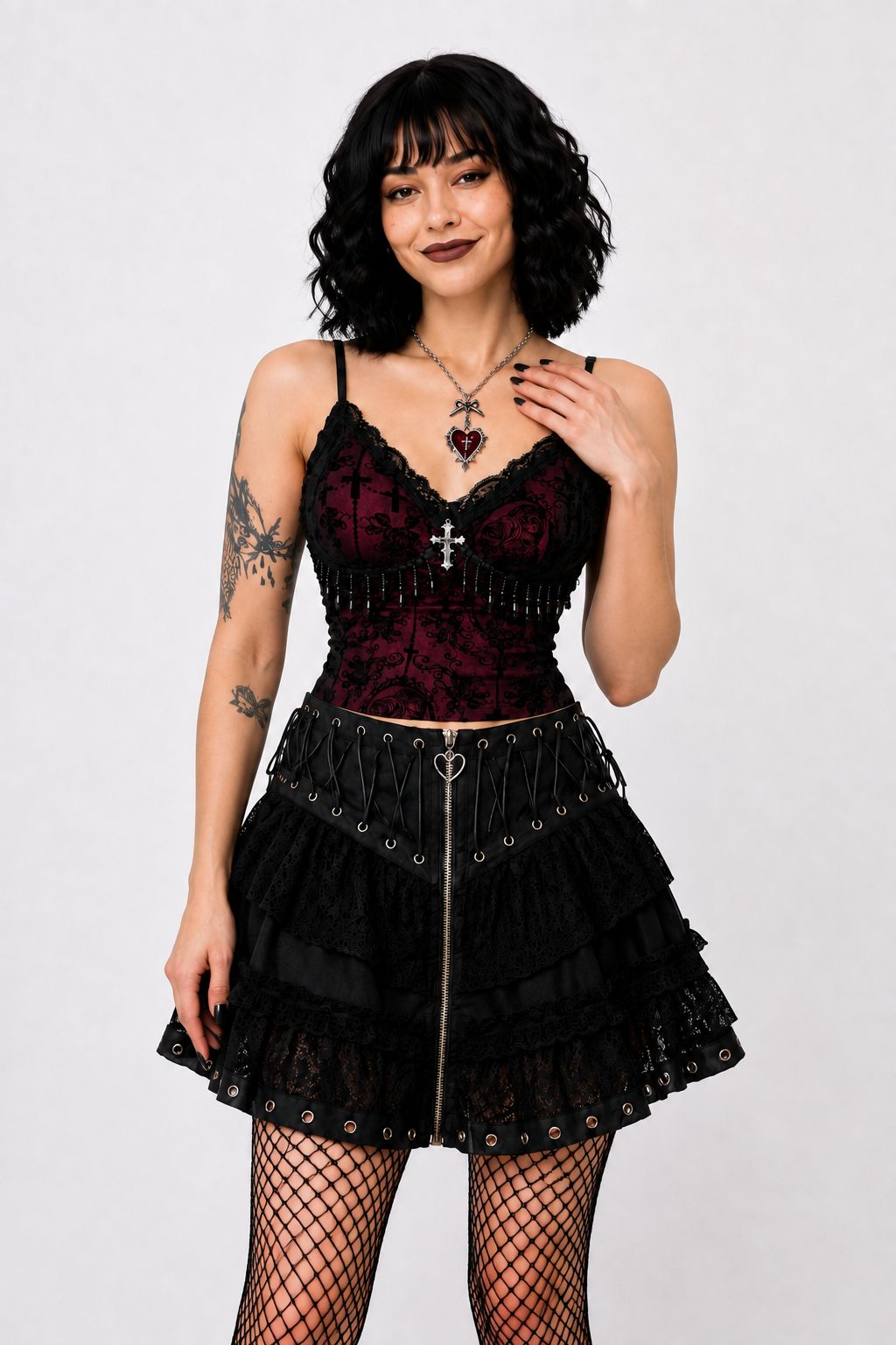 Model styling Dark Rose gothic cami top with alt fashion accessories, DDLGirl look