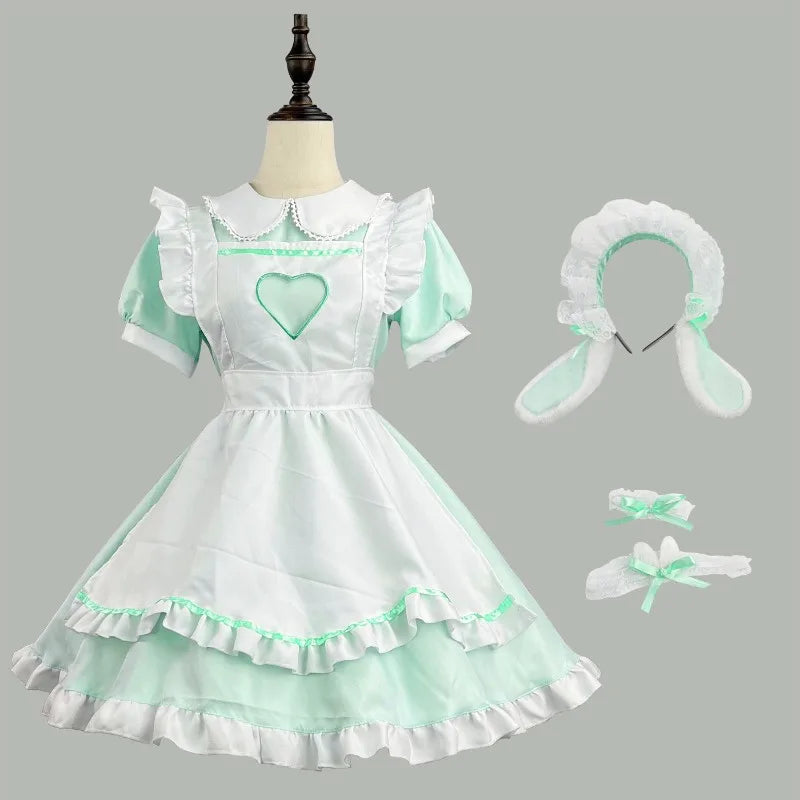 Darling Lolita maid cosplay dress set, pastel and cutecore design, ruffles and heart details for kawaii lifestyle, DDLG and ABDL girlies