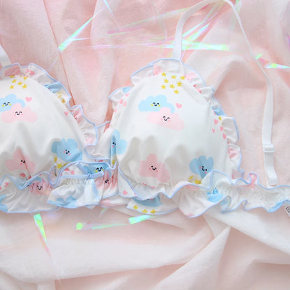 Lavender bra and panty duo with smiling cloud embroidery and soft fit for kawaii DDLG ABDL fashion