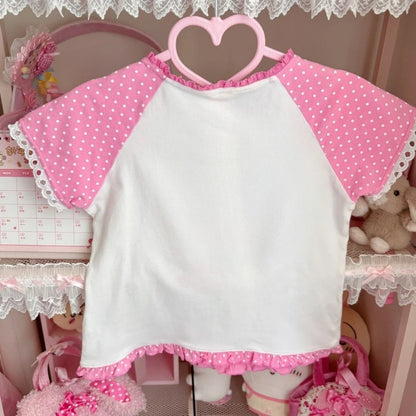 Cute DDLG and ABDL crop top in pastel pink featuring bear, bunny, and sweet cherry cake designs