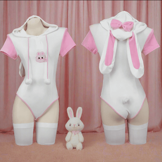 Ddlg abdl kawaii bunny onesie in pastel pink, lace trim, pompom ties, and ultra-comfy loose fit