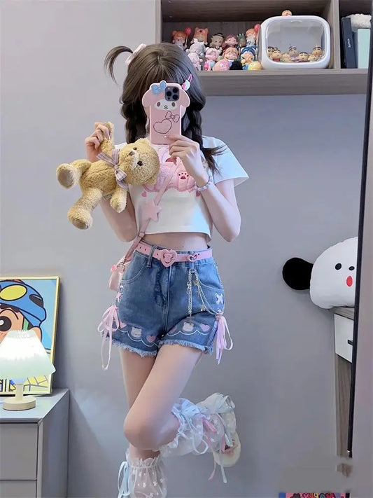 Drip Paws denim shorts with lace accents and paw embroidery for kawaii DDLG ABDL streetwear style
