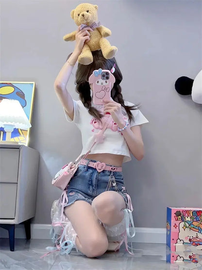 Fashionable denim shorts with paw embroidery and lace sides for kawaii DDLG ABDL street style