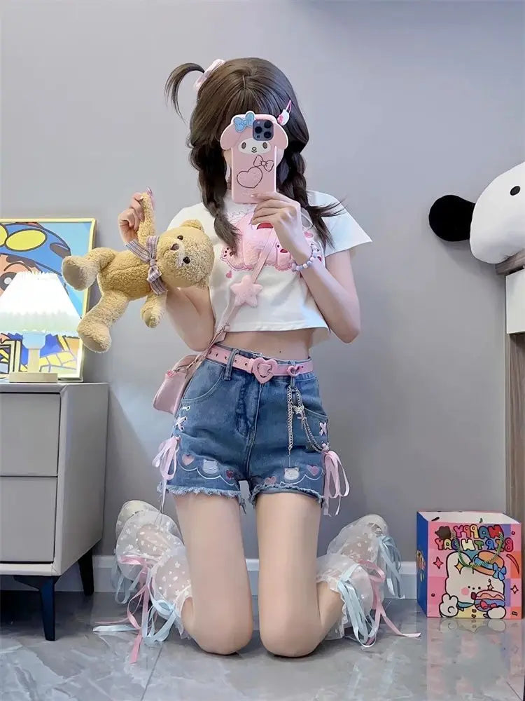 Summer-ready Drip Paws denim shorts with kawaii paw design, perfect for DDLG ABDL casual style