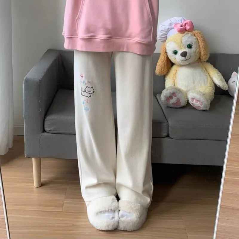Apricot wide leg Purrfect Cozy sweatpants with cute cat detail for kawaii DDLG ABDL loungewear