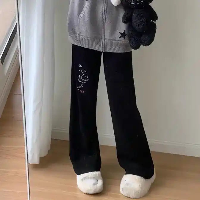 Black wide leg Purrfect Cozy sweatpants with adorable cat drawing for kawaii DDLG ABDL style
