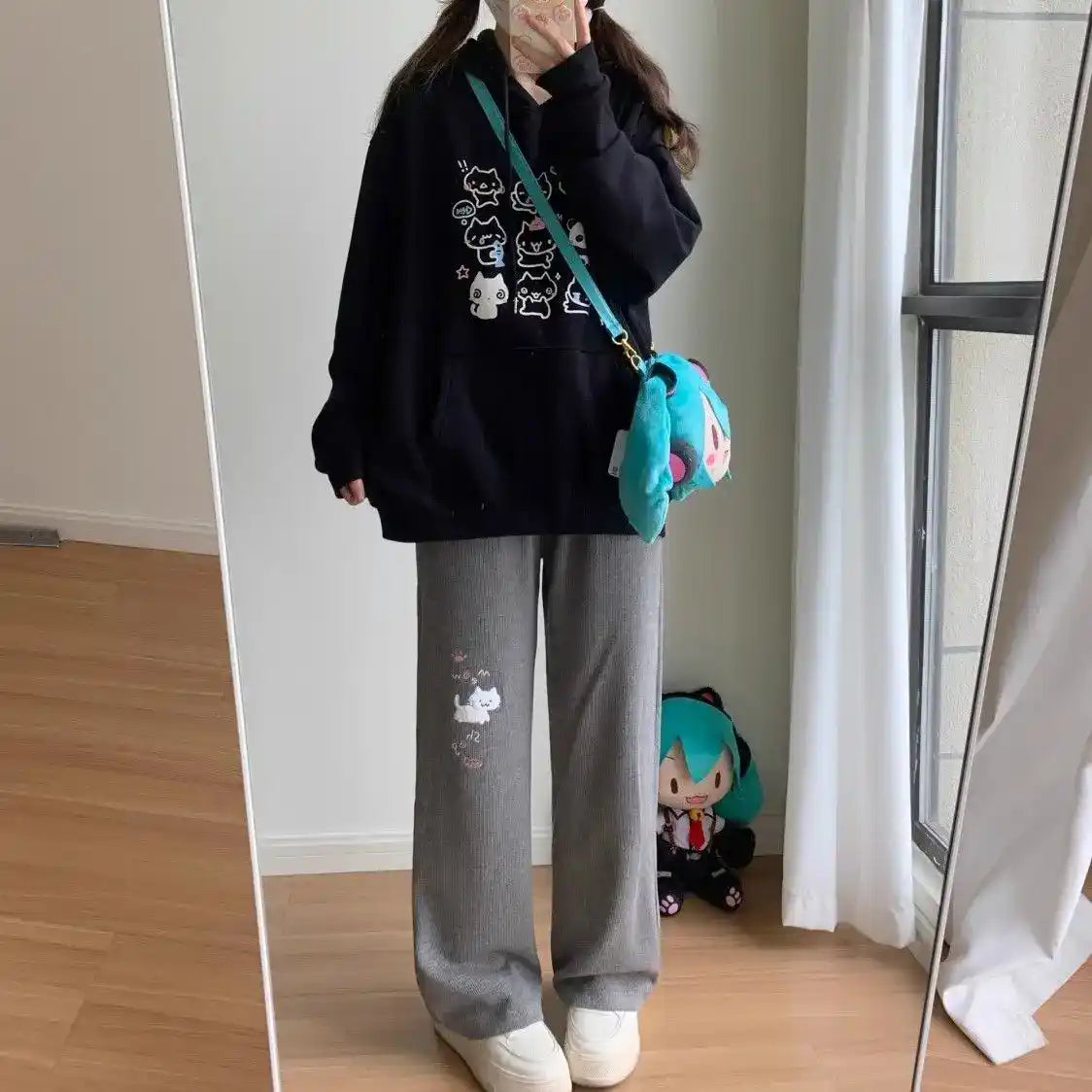 Soft gray wide leg Purrfect Cozy sweatpants with playful cat detail for kawaii DDLG ABDL look