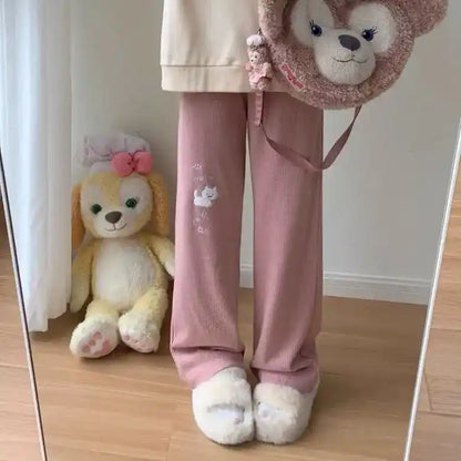 Pink wide leg cozy sweatpants with kawaii cat design, perfect for DDLG ABDL soft style
