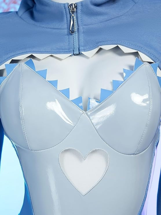 Flat lay of Sweet Shark Bite Cosplay Set showing hoodie, bodysuit, tail and transparent straps arranged on white background