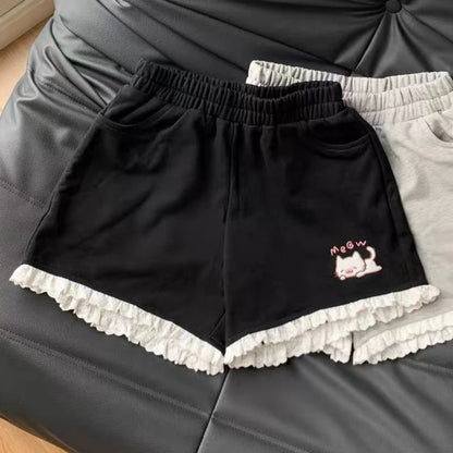 Kawaii black and gray lounge shorts with kitten details and soft ruffle trim for ABDL softcore outfits