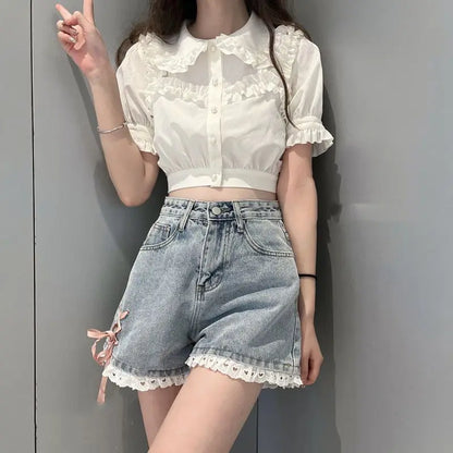 Kawaii pastel lace shorts with romantic heart details and mini ruffles for DDLG and ABDL aesthetic wear