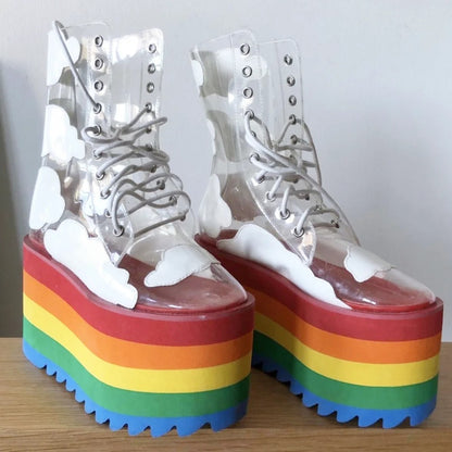 DDLG ABDL Rainbow Dream Heels, cute pastel kawaii shoes with rainbow straps and thick platform