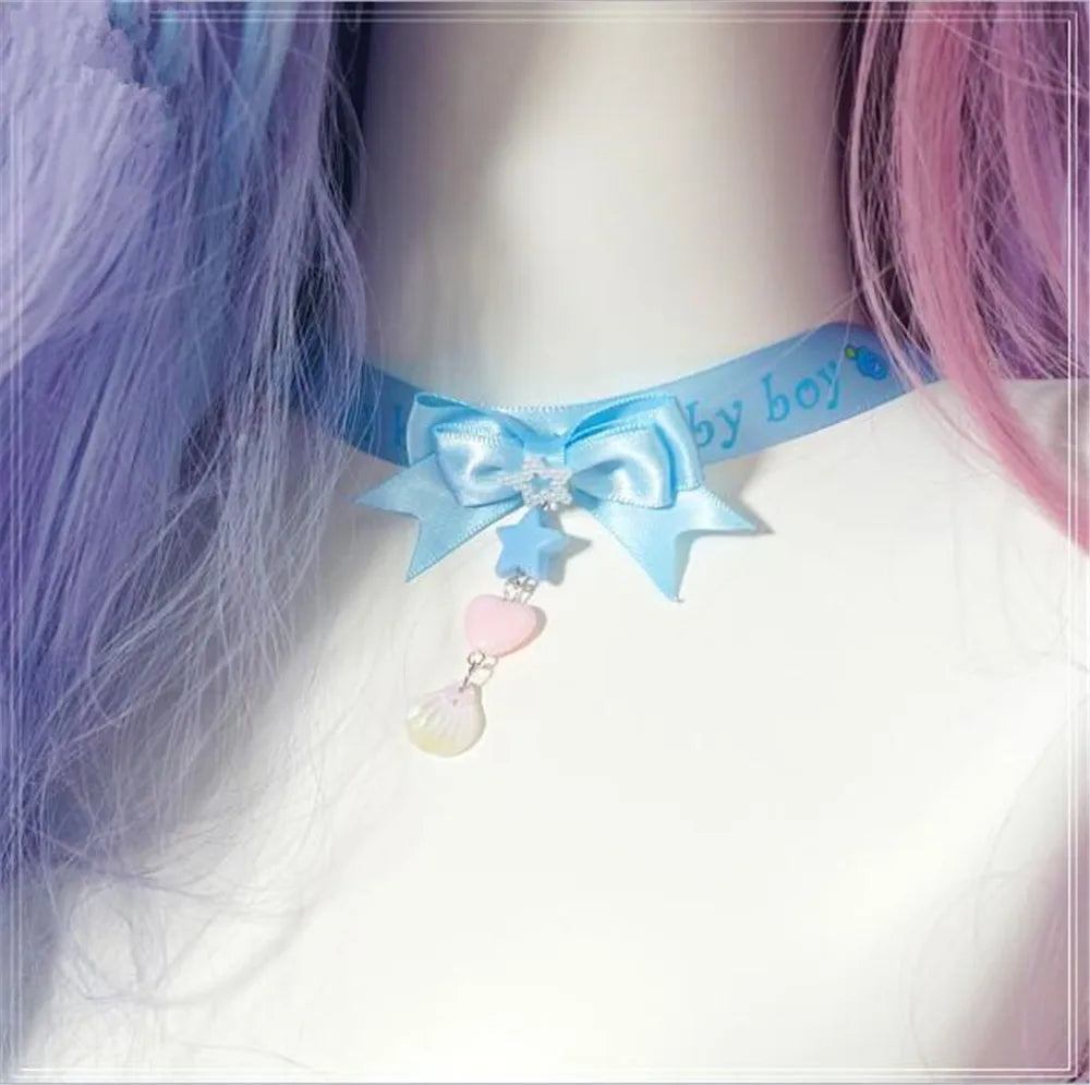 Soft baby boy choker with pastel blue ribbon, dreamy DDLG, ABDL, and cutecore vibes