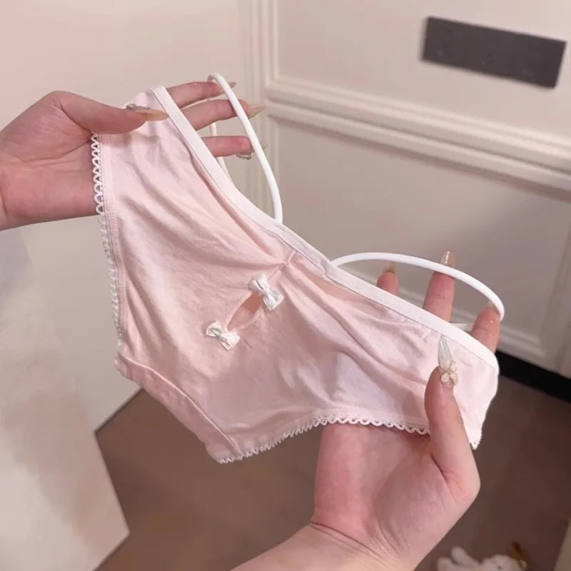 Pink lolita panties with lace trim, front bows, and flirty back hollow for kawaii DDLG ABDL outfits