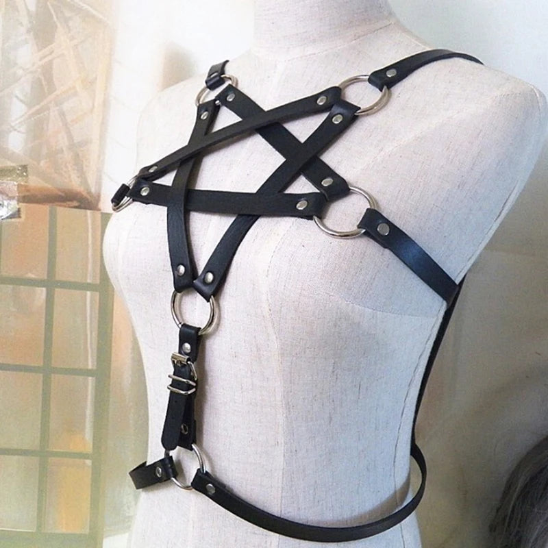 Witchy pentacle vegan harness for DDLG and ABDL outfits, sleek adjustable straps for playful brat vibes