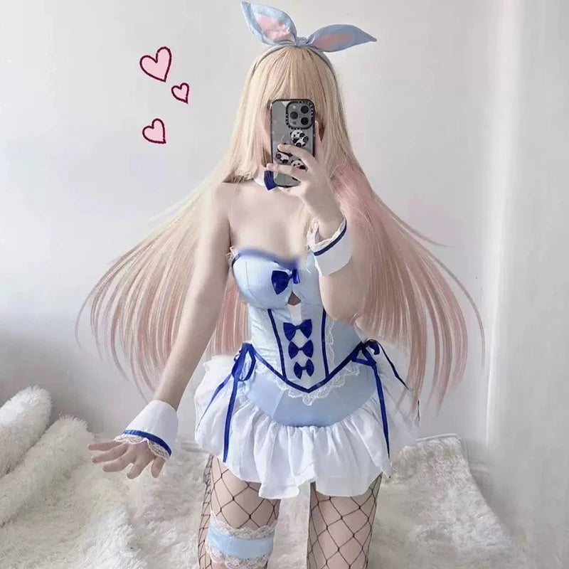 Flirty cutecore bunny bodysuit with playful ears and ribbon accents for DDLG/ABDL cosplay fun