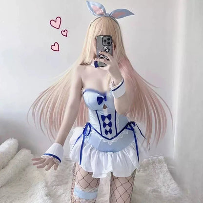 Flirty cutecore bunny bodysuit with playful ears and ribbon accents for DDLG/ABDL cosplay fun