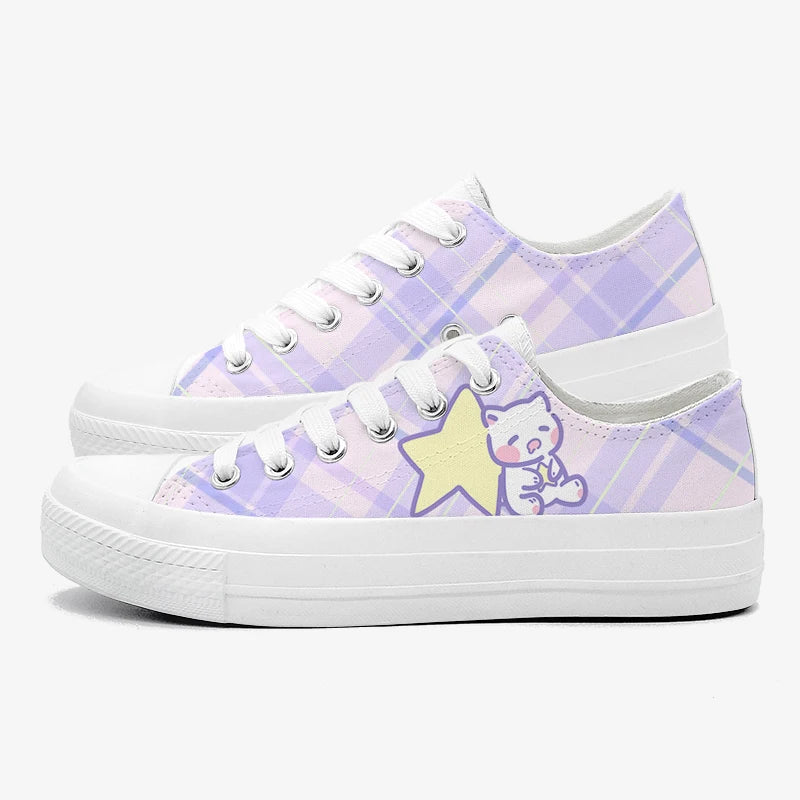 DDLG Cosmic Comfy Plaid Sneakers featuring soft cushioned fit, celestial prints, and adorable kawaii accents
