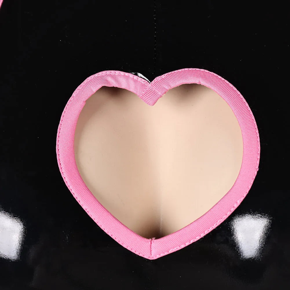 Cutecore black latex bodysuit outfit with heart cutout and matching accessories for playful brat style