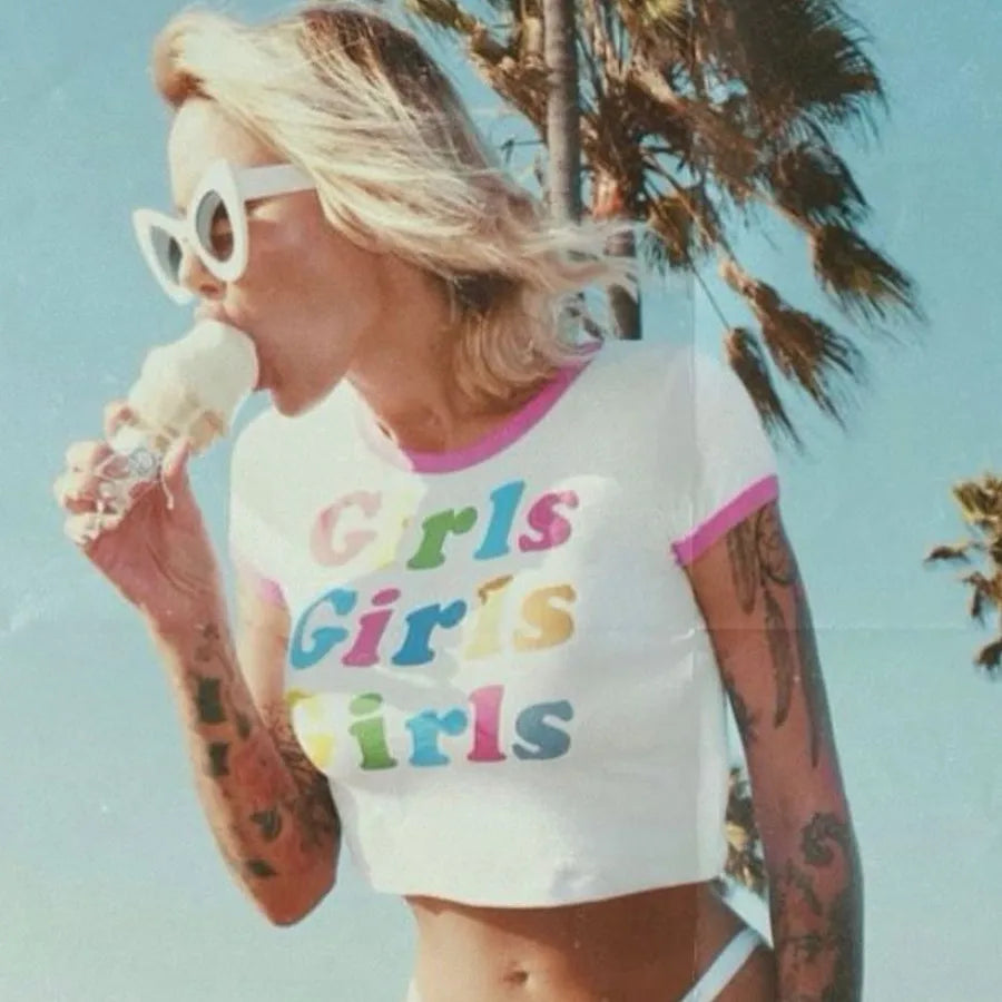 Cutecore crop top with vibrant girl power design, comfy polyester for everyday DDLG or ABDL wear