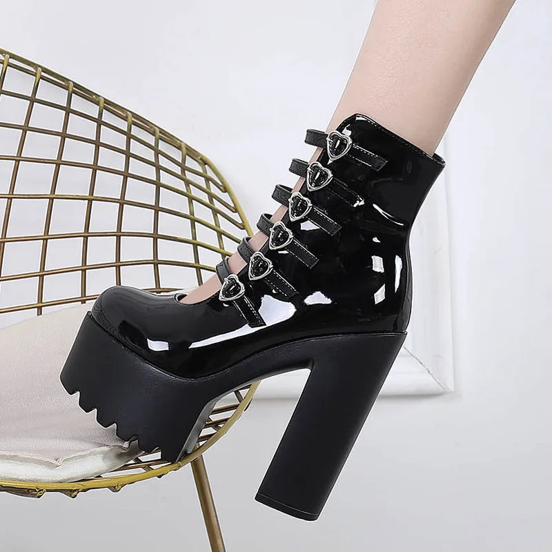 DDLG Cutecore Cupid Tower Heels with multiple heart buckles for dollcore-inspired outfits