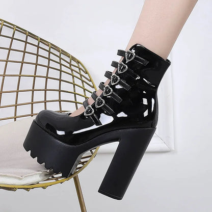 DDLG Cutecore Cupid Tower Heels with multiple heart buckles for dollcore-inspired outfits