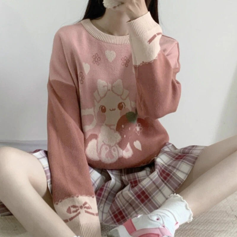 DDLG cutecore Strawberry Bunny knit sweater with cute bunny graphic, pastel aesthetic, and cozy Lolita style